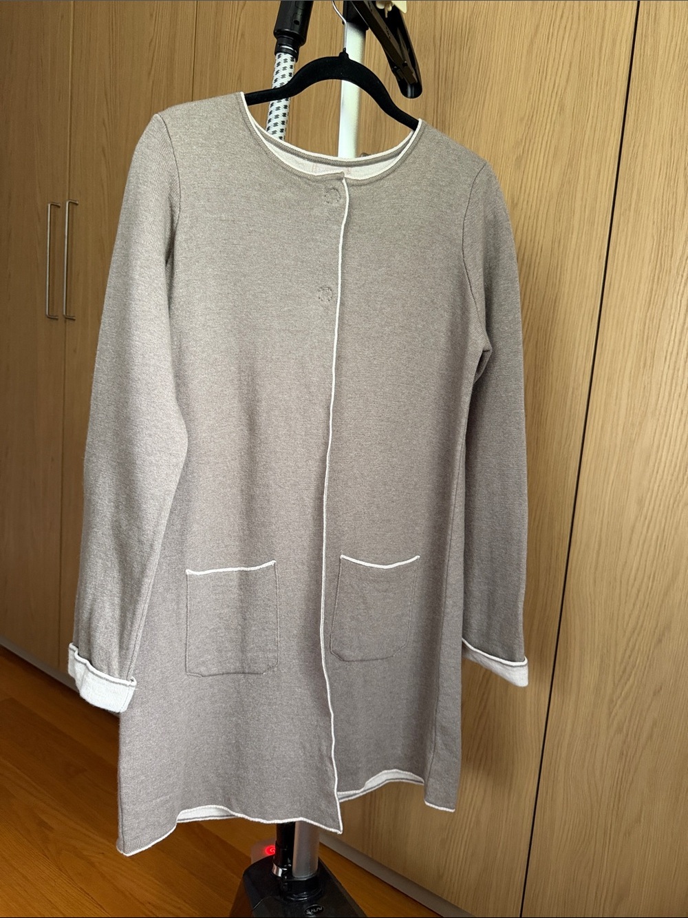 Light Taupe Long-Sleeve Knit Dress with Contrast Trim